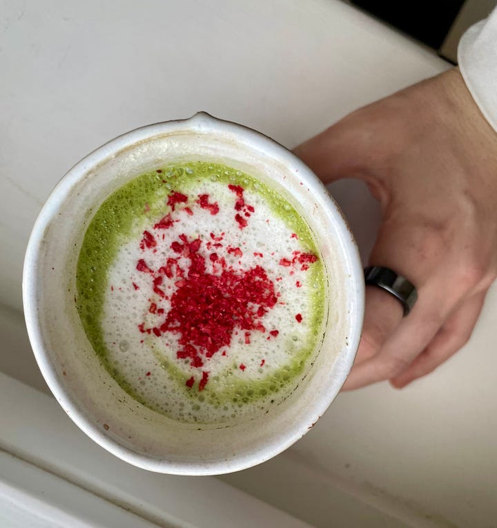 L: a homemade raspberry matcha R: Maeve cheesing in the sun