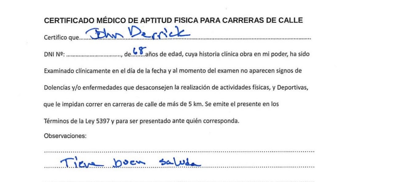 Doctor’s attestation to fitness to run the Buenos Aires Half Marathon Doctor’s attestation to fitness to run the Buenos Aires Half Marathon