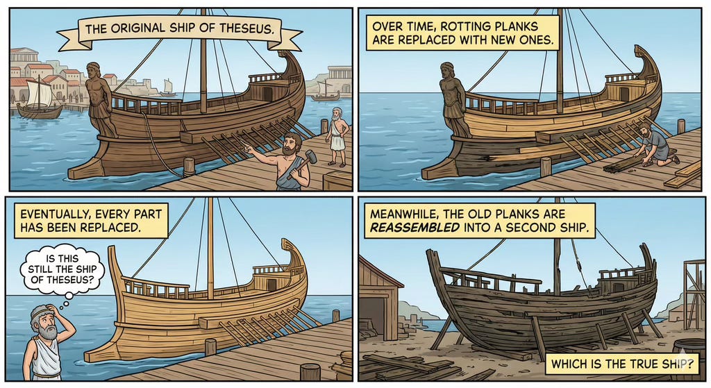 A comic illustrates the Ship of Theseus paradox: a ship is gradually repaired with new planks until none of the original wood remains, while the discarded original planks are used to build a second ship—raising the question of which one is the true Ship of Theseus. A comic illustrates the Ship of Theseus paradox: a ship is gradually repaired with new planks until none of the original wood remains, while the discarded original planks are used to build a second ship—raising the question of which one is the true Ship of Theseus.