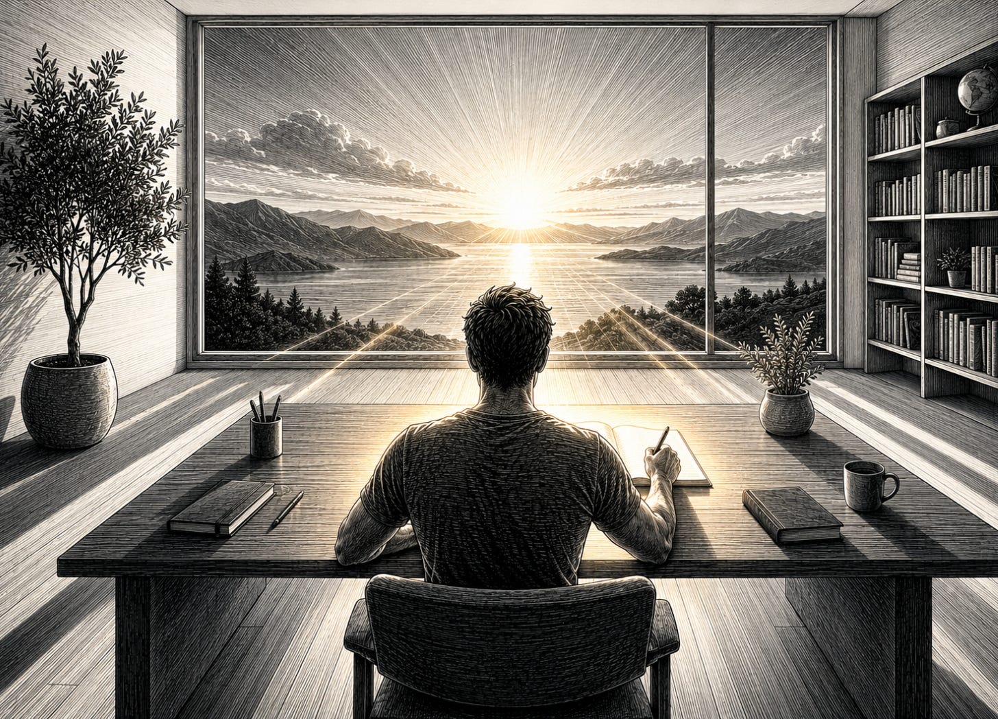 Minimalist deep-work room arranged for focus, showing how light, sound, scent, order, and low-friction tools shape concentration in “Build a Room That Makes Absorption Easier” by Andreas Tsiartas.