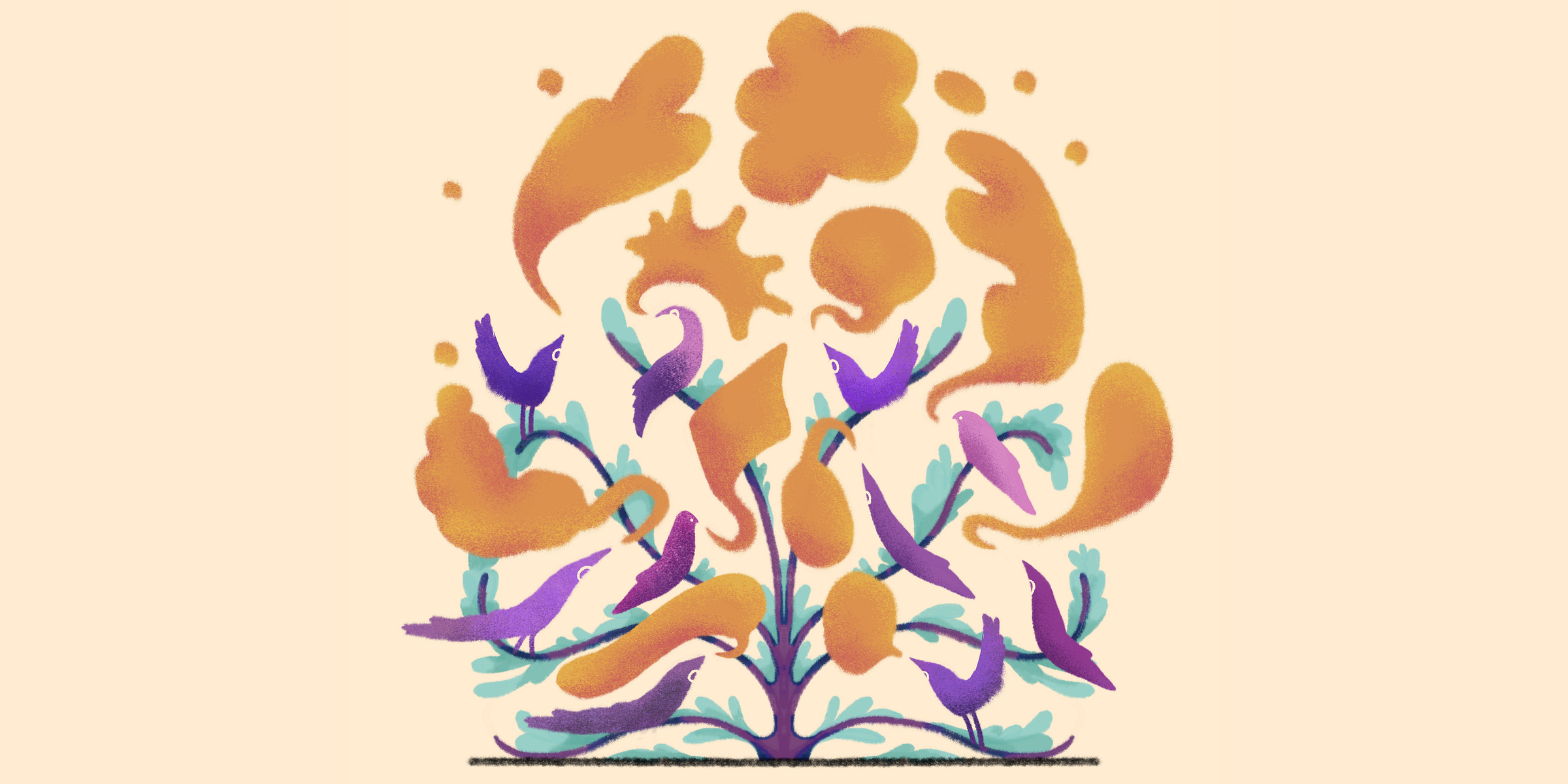 Art showing lots of birds on a tree sitting on different branches talks to each other Art showing lots of birds on a tree sitting on different branches talks to each other