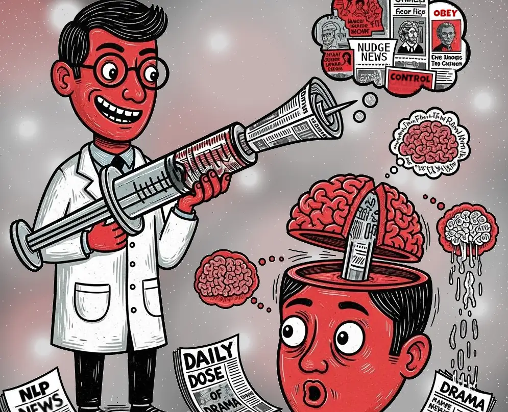 A man in a scientific gown, holding a giant syringe filled with rolled up newspapers. Another man, whose brain is open and exposed, looks on incredulously as his head fills with ideas from the media.