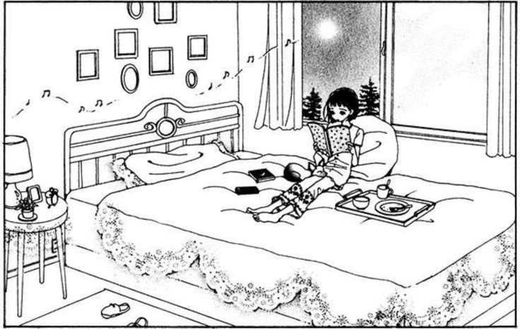 This may contain: a black and white drawing of a person sitting on a bed with a book in front of them