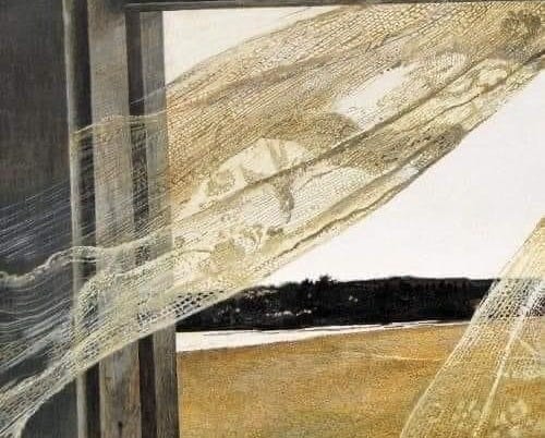 This may contain: an image of a painting with sheer curtains