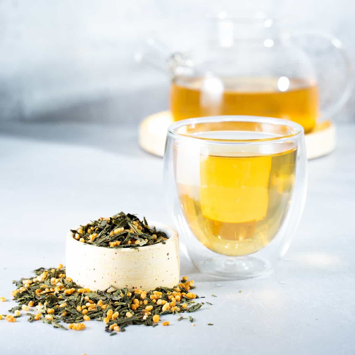 Japanese green tea genmaicha with glass