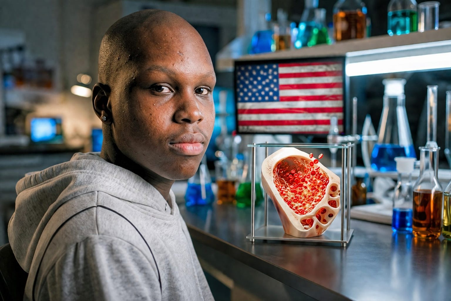 A young patient stands in a modern laboratory setting beside a model of blood cells, symbolising the breakthrough moment where sickle cell disease moves from lifelong suffering to the possibility of cure.