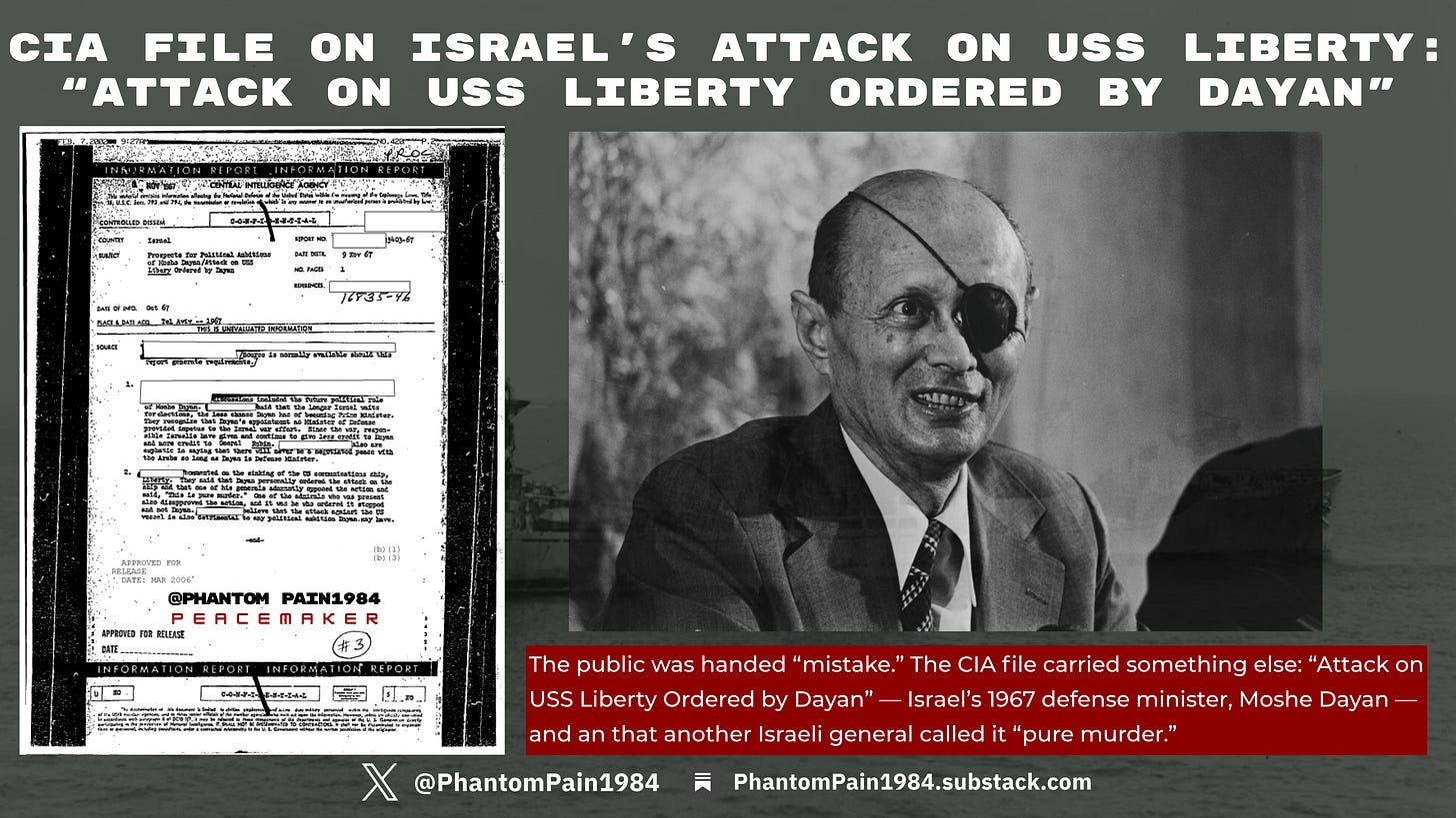 CIA Information Report, Nov. 9, 1967: the file title reads “Attack on USS Liberty Ordered by Dayan,” referring to Moshe Dayan, Israel’s defense minister during the 1967 war. The same record carries another report that an Israeli general called the attack “pure murder.”