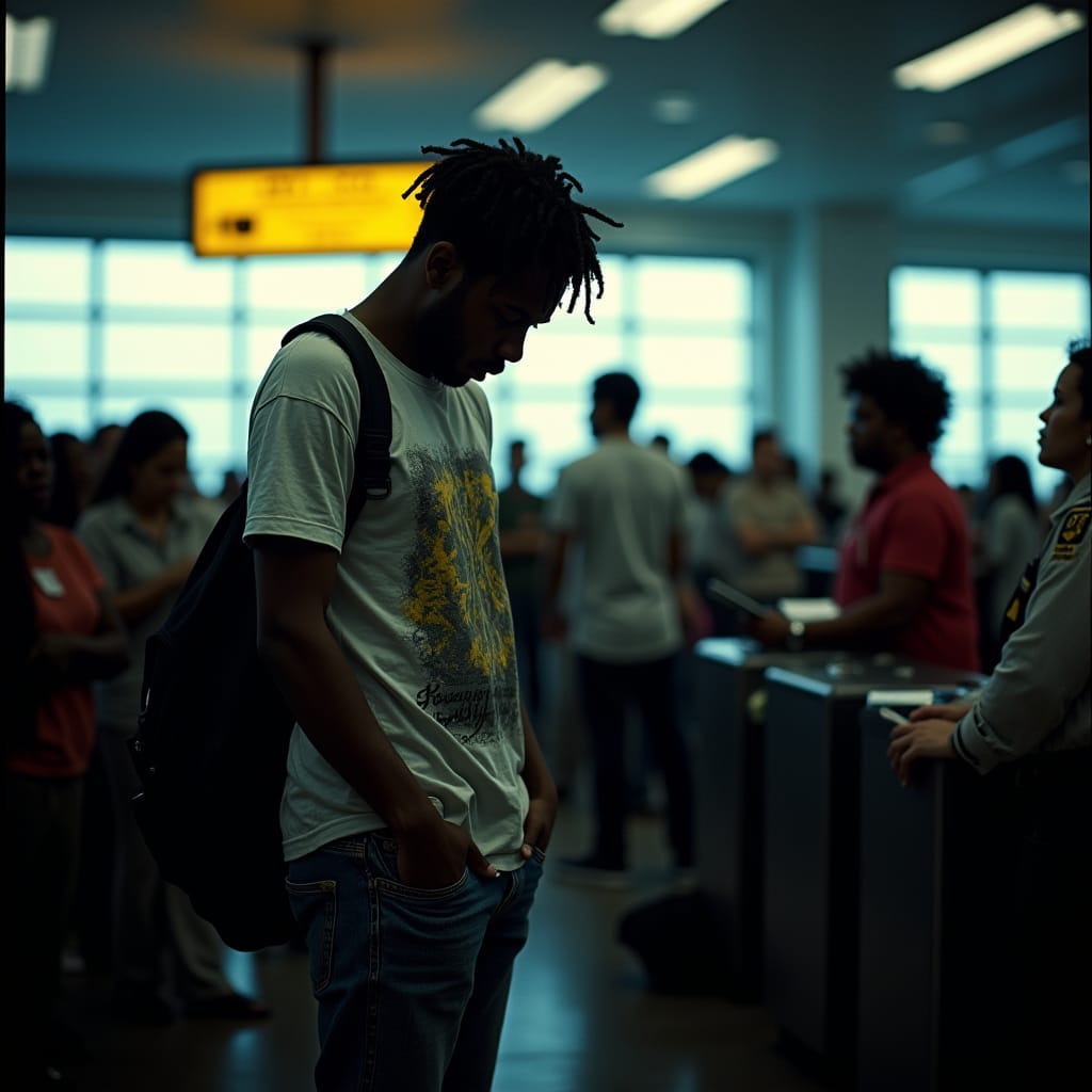 Jamaican traveler, clad in worn denim and faded band t-shirt, stands dejected at a UK airport gate, amidst a swirl of frustrated onlookers, as a stern-faced immigration officer scrutinizes their passport, dramatic cinematic lighting casting long shadows across the scene