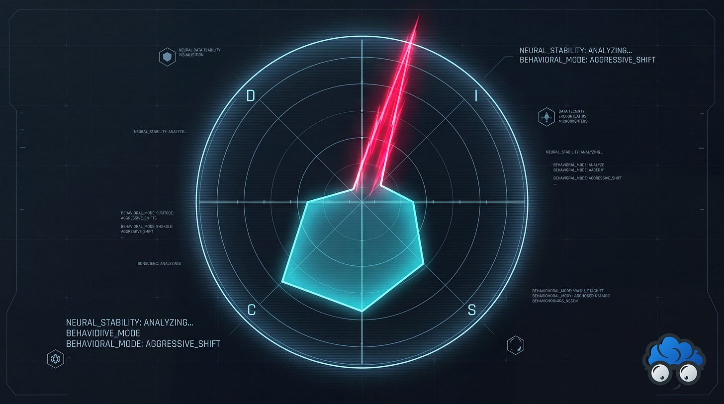 Interface graphique radar de type HUD affichant la télémétrie comportementale Everything DiSC de Benjamin AZIKA-Eros, illustrant un style de base CS avec une surtension active sous forme de pic d'énergie rouge fluo orienté vers le quadrant Di.