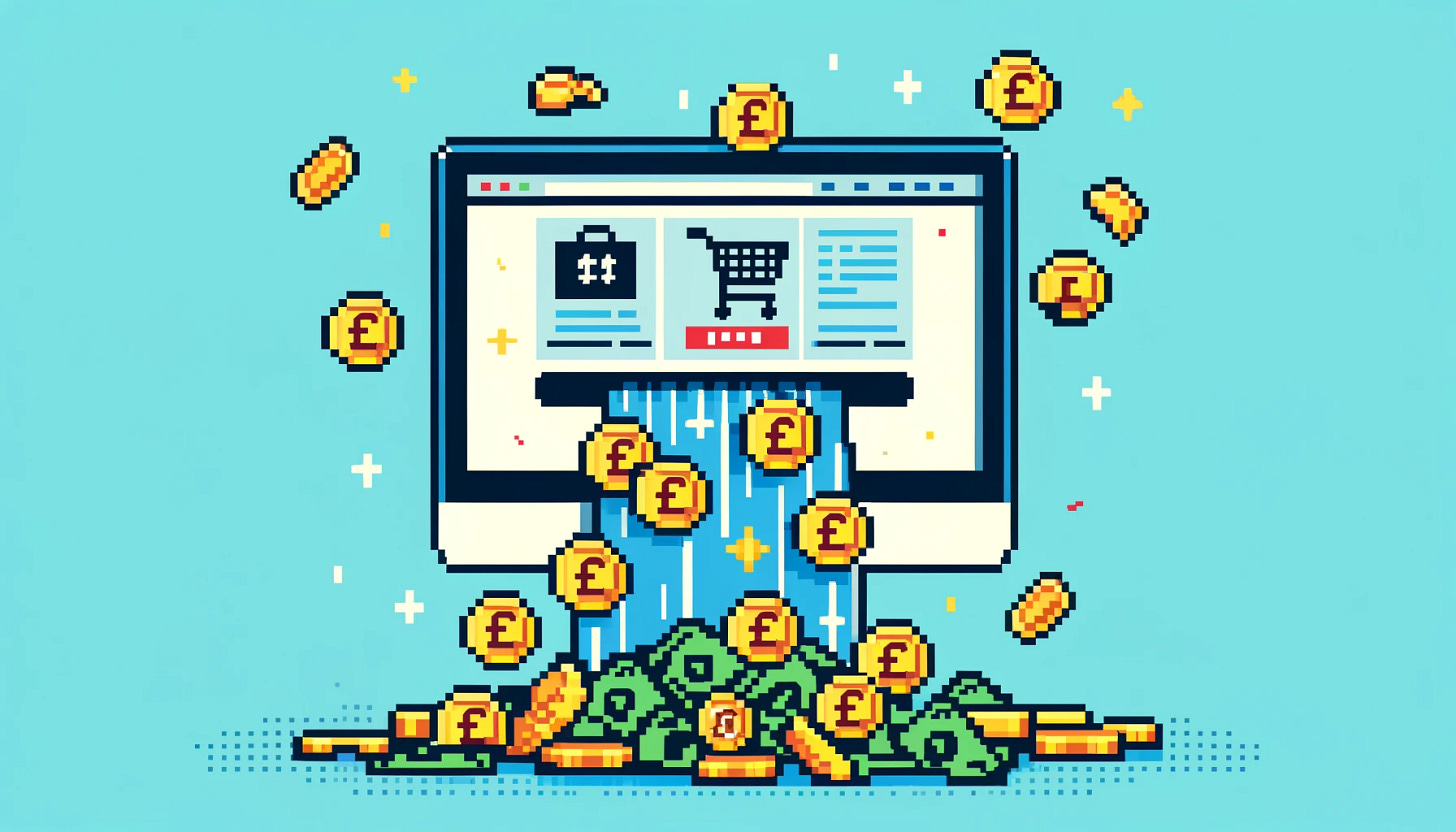 A landscape banner in retro pixel art style depicting money leaking out of a computer on an ecommerce site. The scene should show a computer screen with an ecommerce website open, and pixelated pound signs (£) coins and bills falling out of the screen, symbolizing financial loss. Keep the design simple, using classic pixel art colors and patterns.