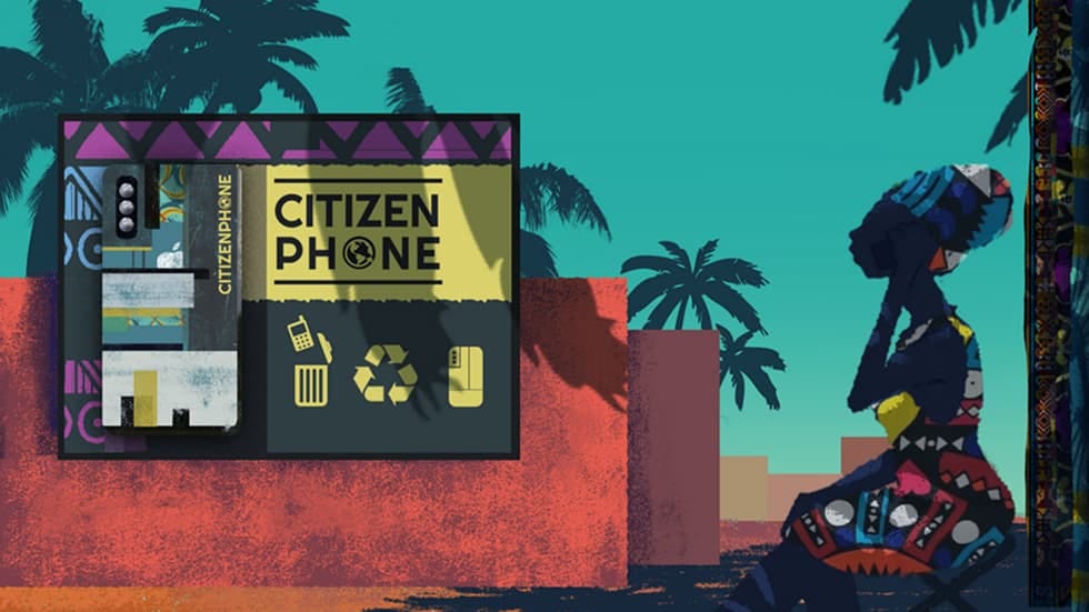 En Afrique, une femme utilise un Smartphone recyclé devant une affiche "Citizen Phone" - illustration de la nouvelle "Un Smartphone pour tous" par Béranger Colette