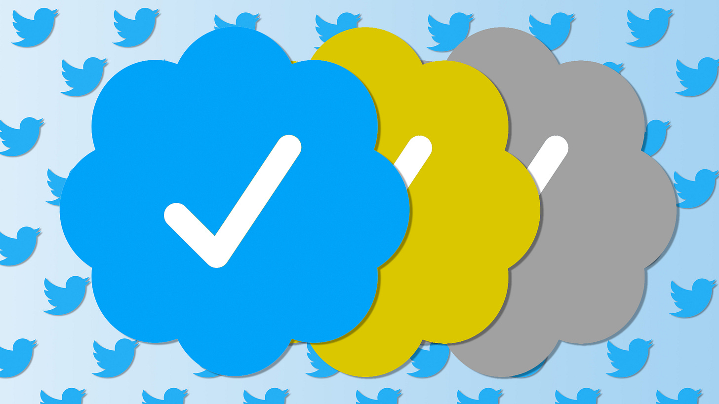 Three checkmark logos - a blue, a yellow, a gray, against a background full of Twitter logos Three checkmark logos - a blue, a yellow, a gray, against a background full of Twitter logos