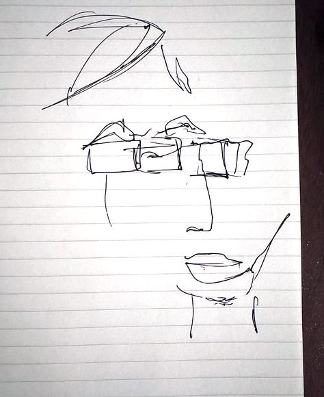 9 self portraits made as blind contour drawings, black ink on white paper, with faces askew; in one, the chin is shifted to the left so it looks like there's only half, in another the neck intersects with the chin in a way that it looks like a chin hair; in a third, the hair is completely off the head and instead is like a curtain in front of the face. They're cubist, cartoonish, strange and somehow beautiful