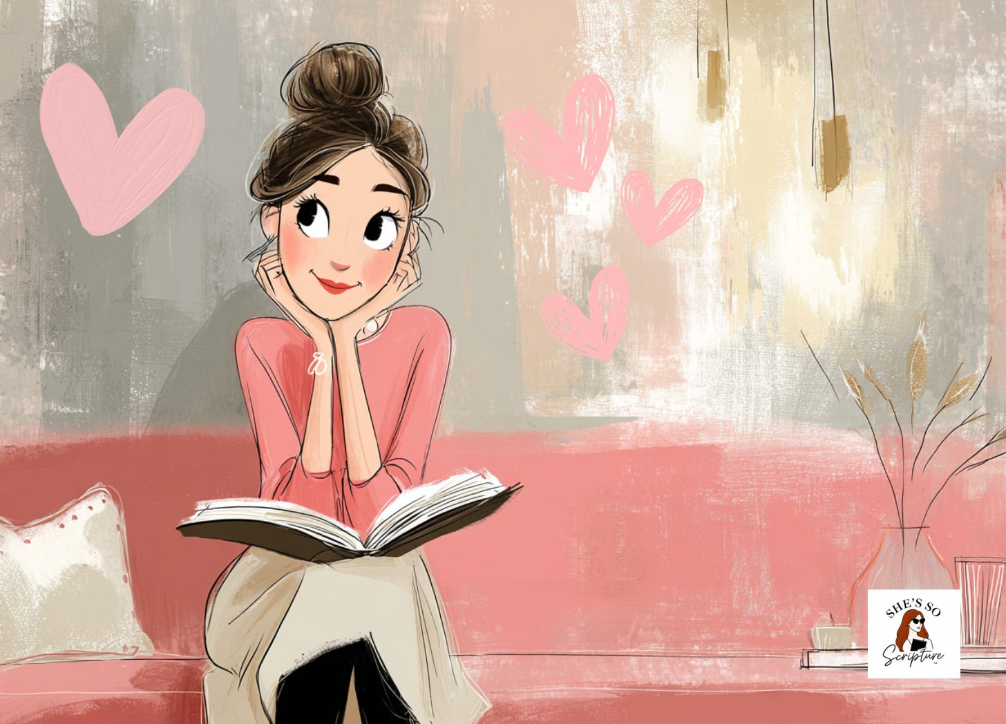 An illustrated image of a woman on a couch with a Bible and hearts around her for post on the mussar trait goodheartedness or lev tov