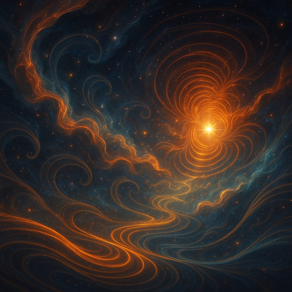 A vivid cosmic artwork showing radiant plasma waves swirling through deep space. Fiery orange currents ripple and twist against a backdrop of blue nebula and stars, converging around a glowing central starburst that radiates energy in concentric arcs.
