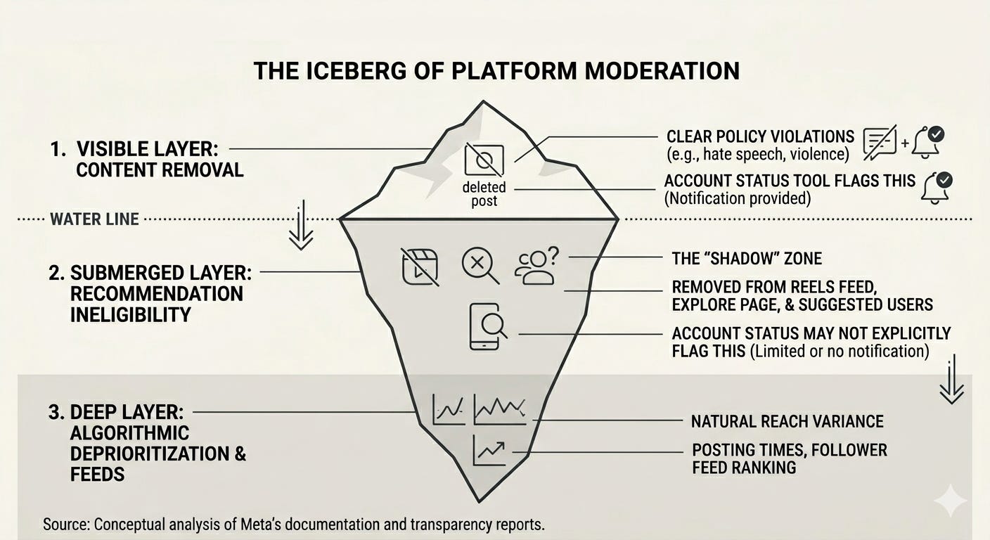 Iceberg infographic explaining visible content removal, hidden recommendation ineligibility, and algorithmic deprioritization in Meta and Instagram content moderation systems. Iceberg infographic explaining visible content removal, hidden recommendation ineligibility, and algorithmic deprioritization in Meta and Instagram content moderation systems.
