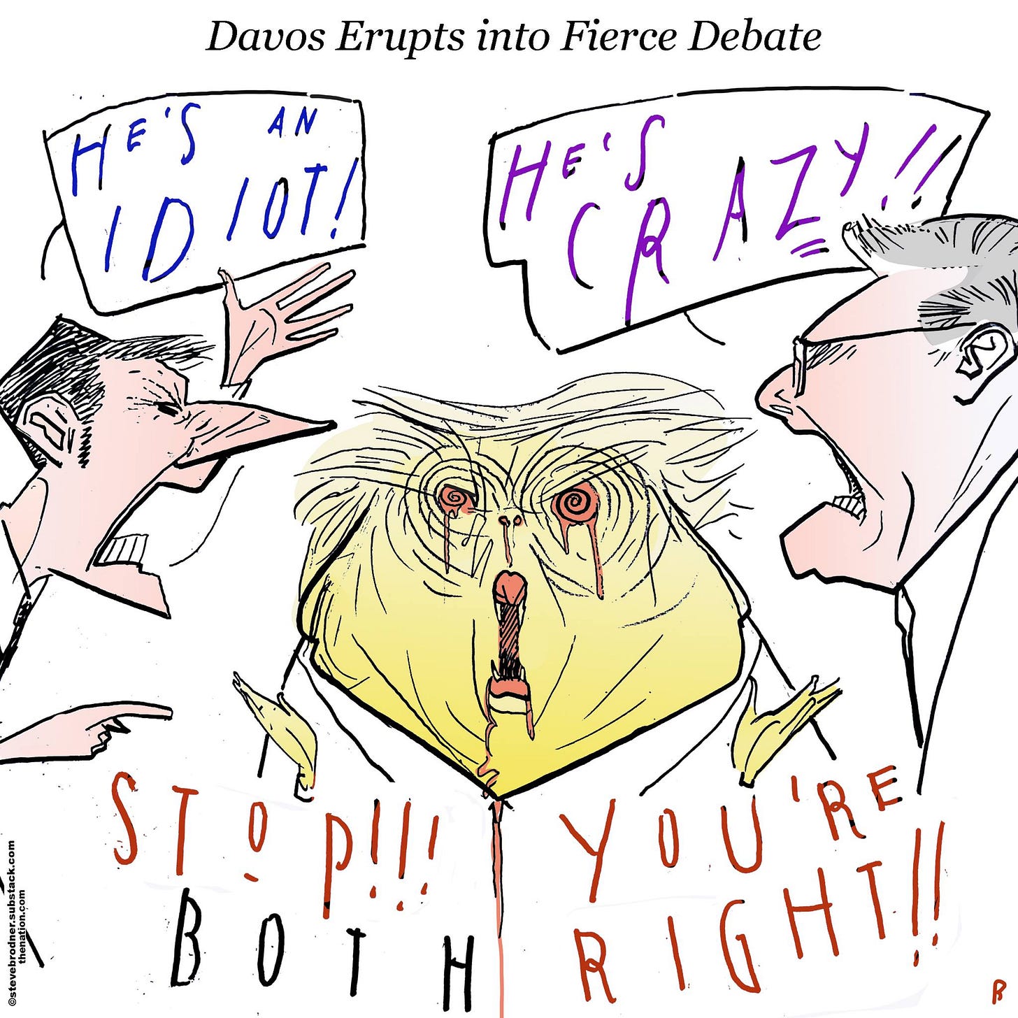 May be an illustration of owl and text that says 'Davos Erupts into Fierce Debate H BλζΜ!! AZY!! AN ND107! HE'S ST P!!! YOU'RE! 'RE BOTH H RIGHT!! R R'