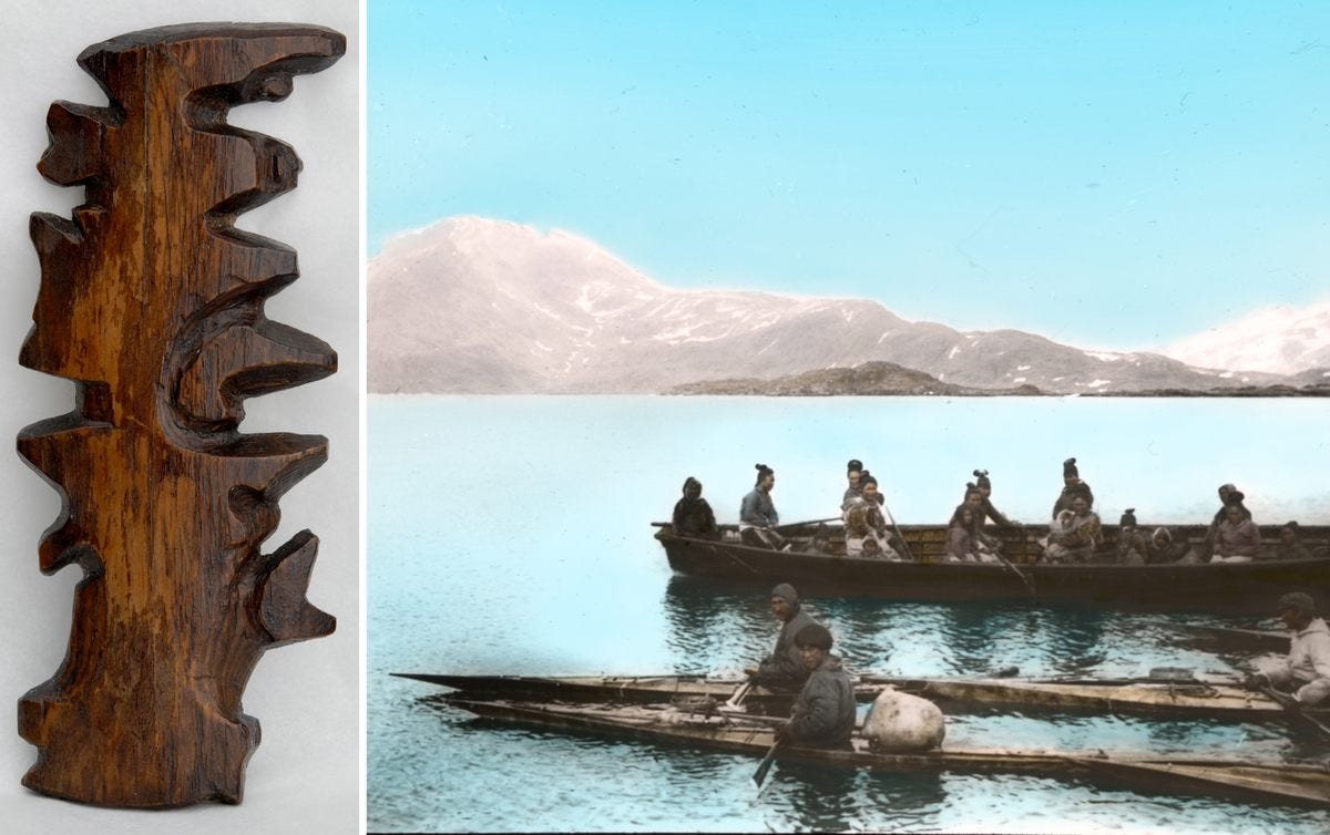 Left: a wooden map of the East Greenland coast, c. 1885.; Right: <em>umiaq</em> and kayaks, Ammassalik, East Greenland, 1908, by Th. N. Krabbe. Left: a wooden map of the East Greenland coast, c. 1885.; Right: <em>umiaq</em> and kayaks, Ammassalik, East Greenland, 1908, by Th. N. Krabbe.