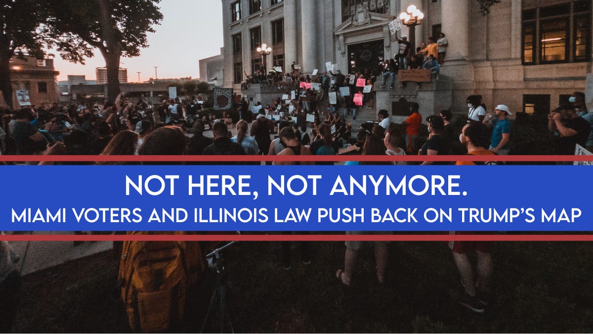 Crowd gathered outside a courthouse at dusk with a blue banner reading ‘Not here, not anymore. Miami voters and Illinois law push back on Trump’s map,’ illustrating a story about Miami’s new Democratic mayor and Illinois’ law limiting federal immigration raids Crowd gathered outside a courthouse at dusk with a blue banner reading ‘Not here, not anymore. Miami voters and Illinois law push back on Trump’s map,’ illustrating a story about Miami’s new Democratic mayor and Illinois’ law limiting federal immigration raids