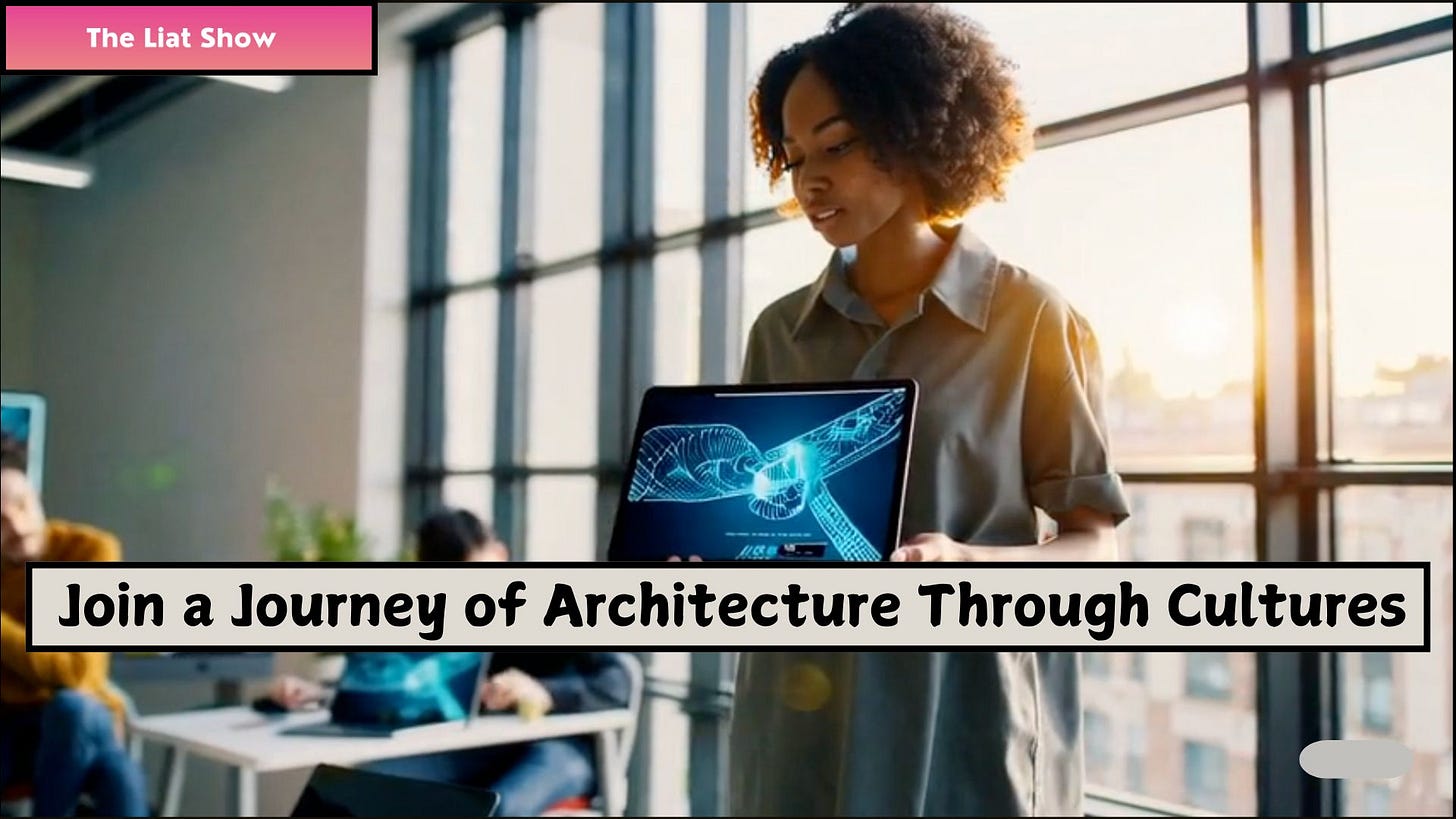 A young woman holds a laptop displaying a glowing 3D architectural model while standing in a bright, modern classroom. Sunlight pours through large windows behind her as other students collaborate in the background. Created for The Liat Show.