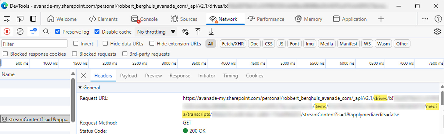 Network capture of the API call to download the Teams Meeting Transcription - © Robbert Berghuis