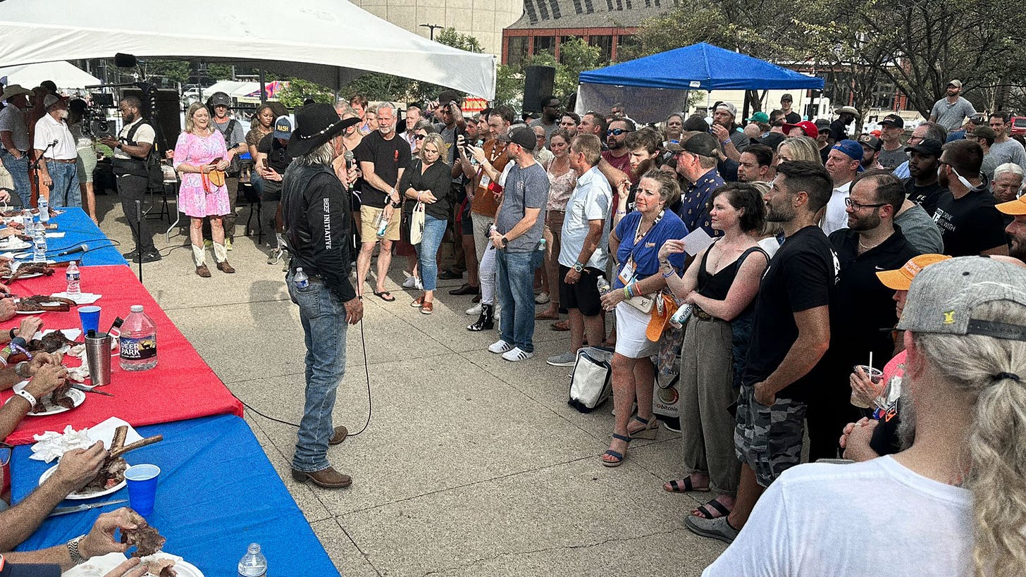 Texas Slim addresses a crowd of hundreds at the Cattleman's Feast in Nashville on July 27, 2024