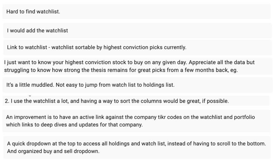 Subscriber feedback on stock watchlist visibility with screenshot showing Beating The Tide watchlist moved to top navigation bar for easier access