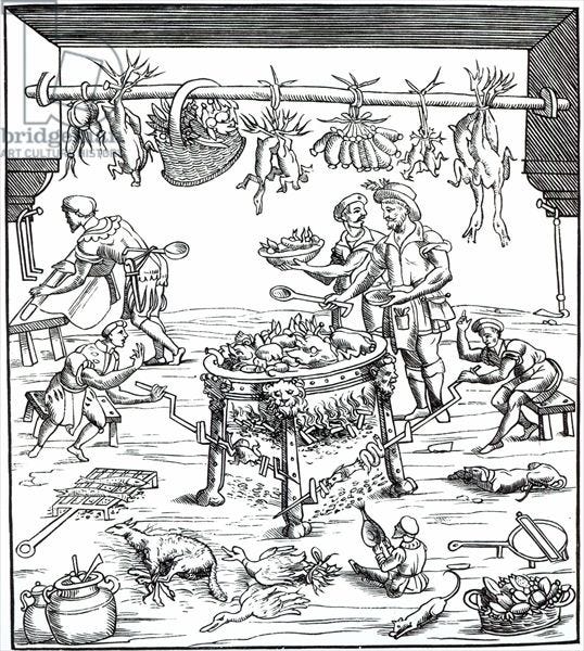Interior of an Italian kitchen, after woodcut in 'Banchetti compositioni di Vivende' by Christoforo di Messisburgo, published 1549