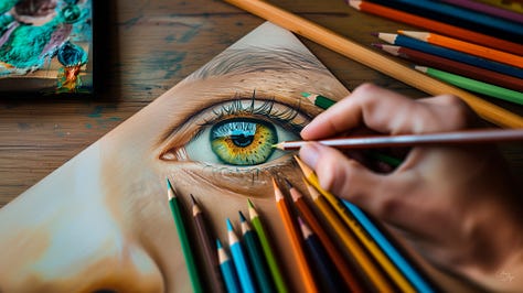 Several different drawings showing a human hand drawing a realistic looking human eye.
