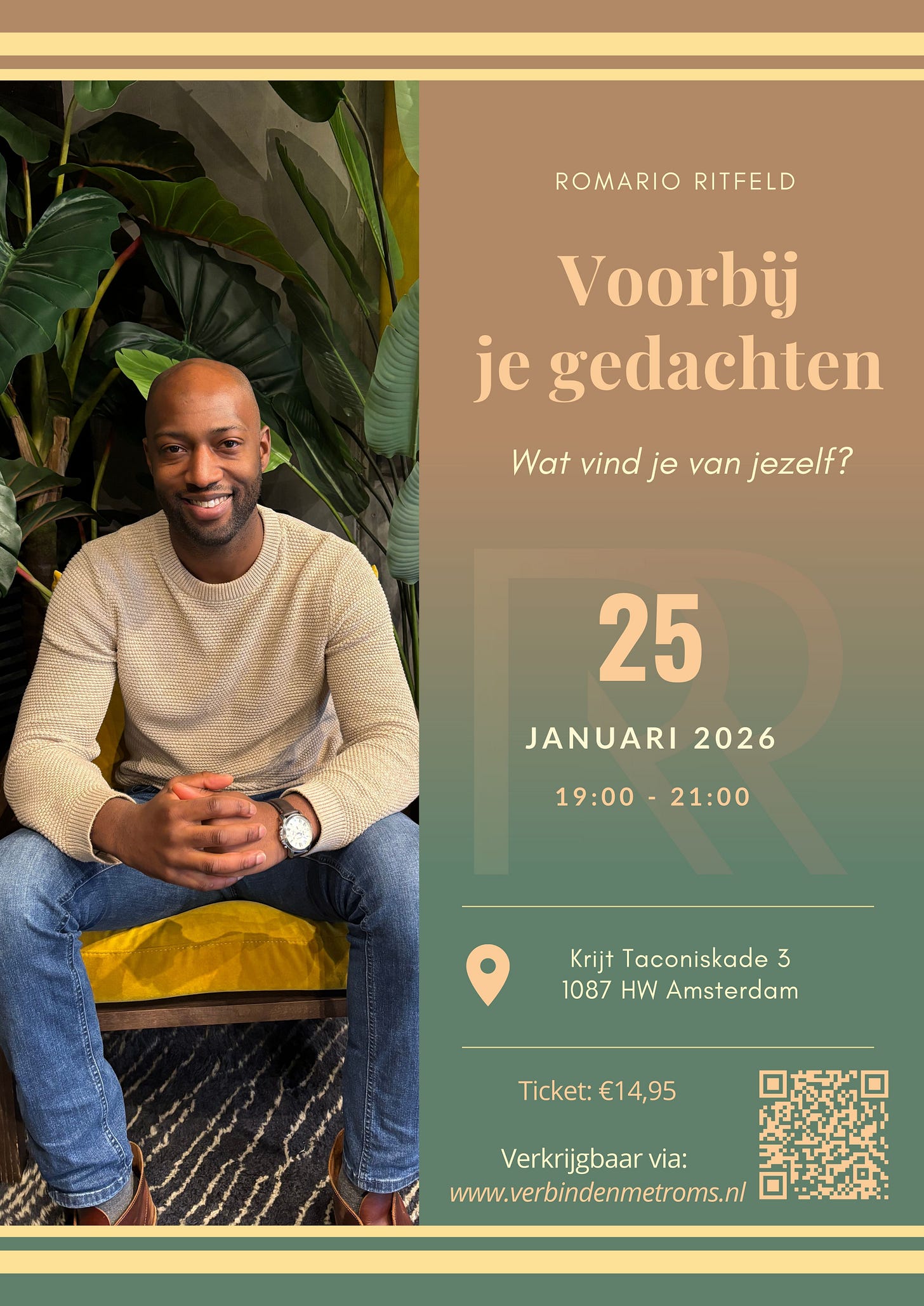 Romario Ritfeld, bewustzijnscoach zit in Cafe & Restaurant Coffee mama, Mooie flyer van een aankomend evenement over wie jij bent voorbij je gedachten