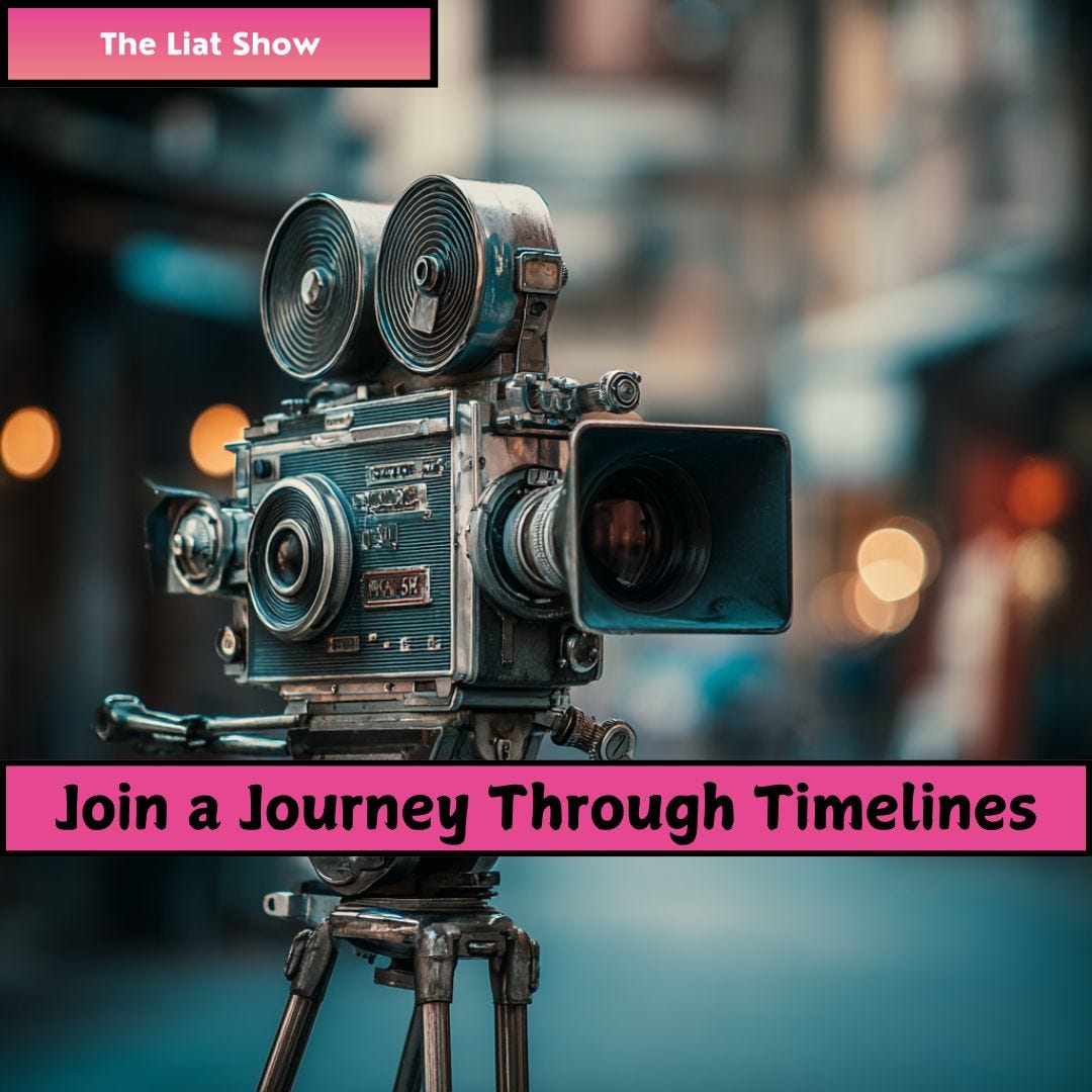 A close-up of a vintage movie camera with twin reels and a large lens, set against a softly blurred background of city lights. In the picture: The pink banner reads 'Join a Journey Through Timelines' for The Liat Show.