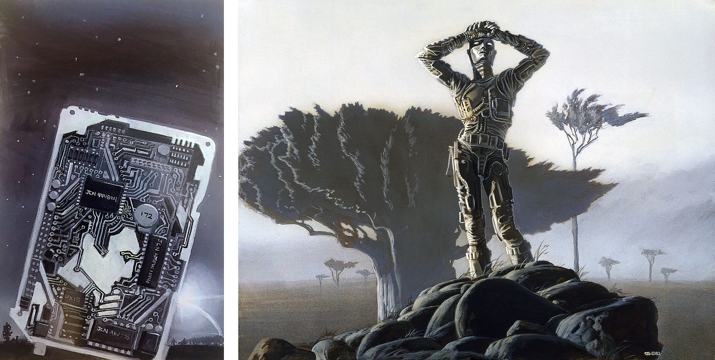 LEFT: B&W preliminary concept for THE ROBOTS OF DAWN featuring the bottom side of an old hard drive tilted at an angle against the night sky. Among the integrated circuits is the silhouette of a ponderous man's face with hand stroking chin. On the block fields of the chips are a series of codes: JCN 444824, JCN AW776, JCN AMPW 11441. AMPW is a hidden reference to the artist's daughter by her initials.  RIGHT: Black and white painted figure study for THE ROBOTS OF DAWN featuring the robot Giskard standing on rocks in the final pose for the cover with wide alien trees behind it echoing the shape of its arms, which are raised to points on either side of its head. Giskard’s hands are clasping over its forehead shadowing its eyes which are alight.