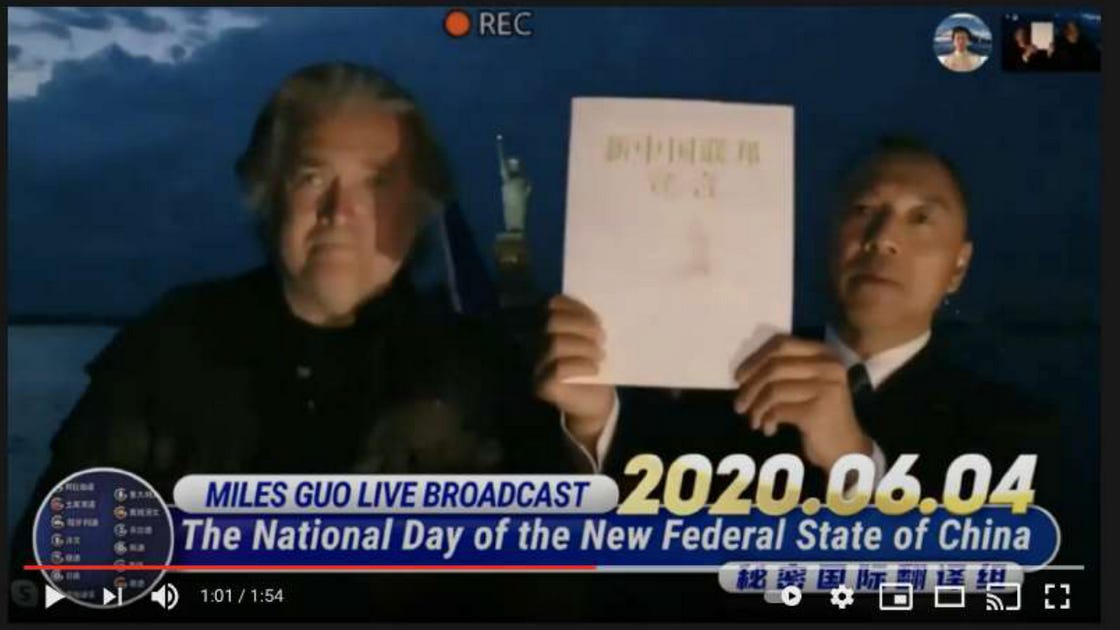A YouTube screenshot (pulled from a Graphika report) of Guo Wengui marking the declaration of the "New Federal State of China” with his own blood during a live-streamed ceremony with Steve Bannon.