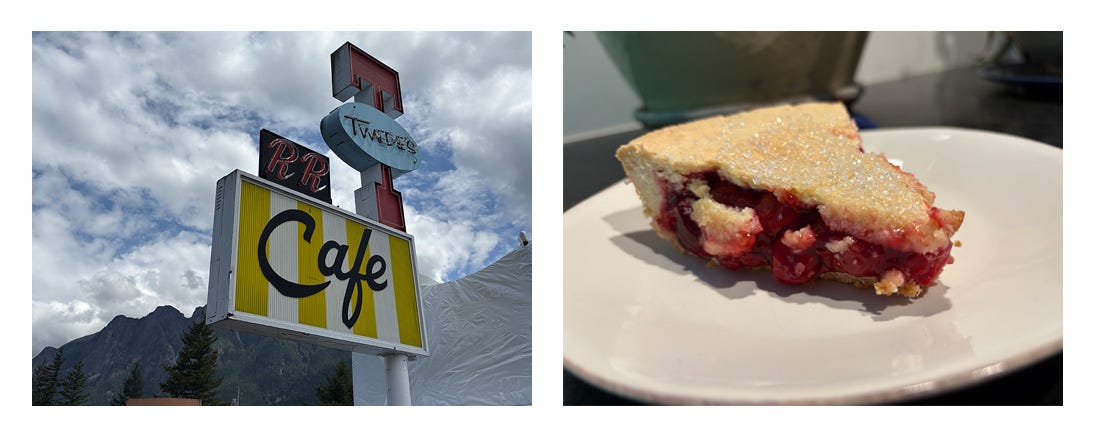 Left photo: The RR diner sign. Right photo: The pie.