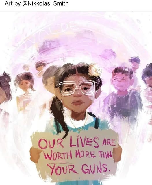 May be a doodle of 1 person and text that says 'Art by @Nikkolas_Smith OUR LIVES ARE WORTH MORE THAN YOUR GUNS.'