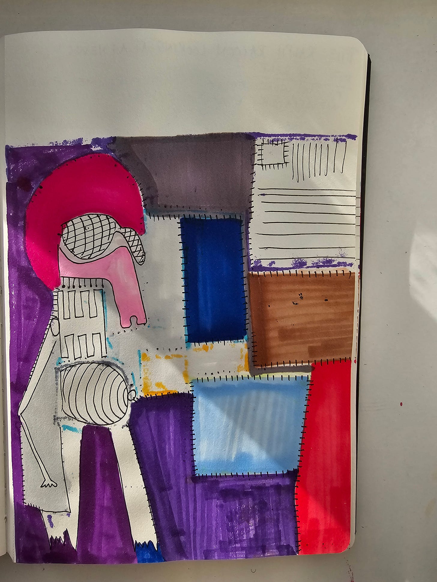 Ink on paper artwork depicting a stylized raccoon-like figure in magenta and purple standing before modular geometric panels representing AI news blocks, with visible stitched ink seams and saturated color fields. Ink on paper artwork depicting a stylized raccoon-like figure in magenta and purple standing before modular geometric panels representing AI news blocks, with visible stitched ink seams and saturated color fields.