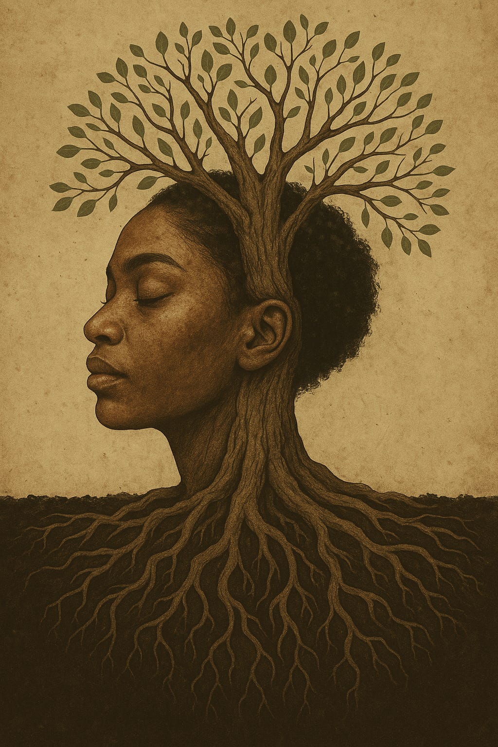 Digital illustration of a woman with ethnic features lying peacefully on her side, half-submerged in rich soil. Her eyes are closed, hair blending into the earth, evoking a sense of rootedness, rest, and connection to the natural world. The image visually represents the essay’s metaphor of “inner soil” and the nervous system’s survival adaptations.