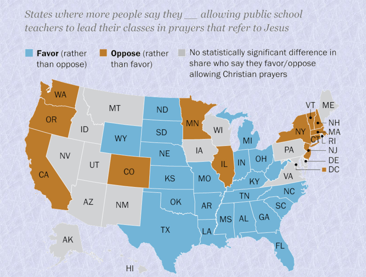 Map showing states’ views on Christian prayers in public schools