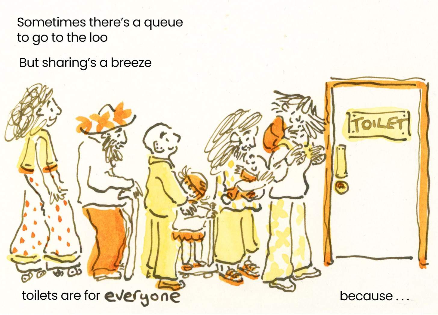 Illustration of queue of people waiting to use a public toilet. Illustration in yellow, orange and brown ink by illustrator Nanette Regan
