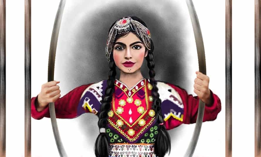 Cartoon of woman in traditional dress bending open bars of cage