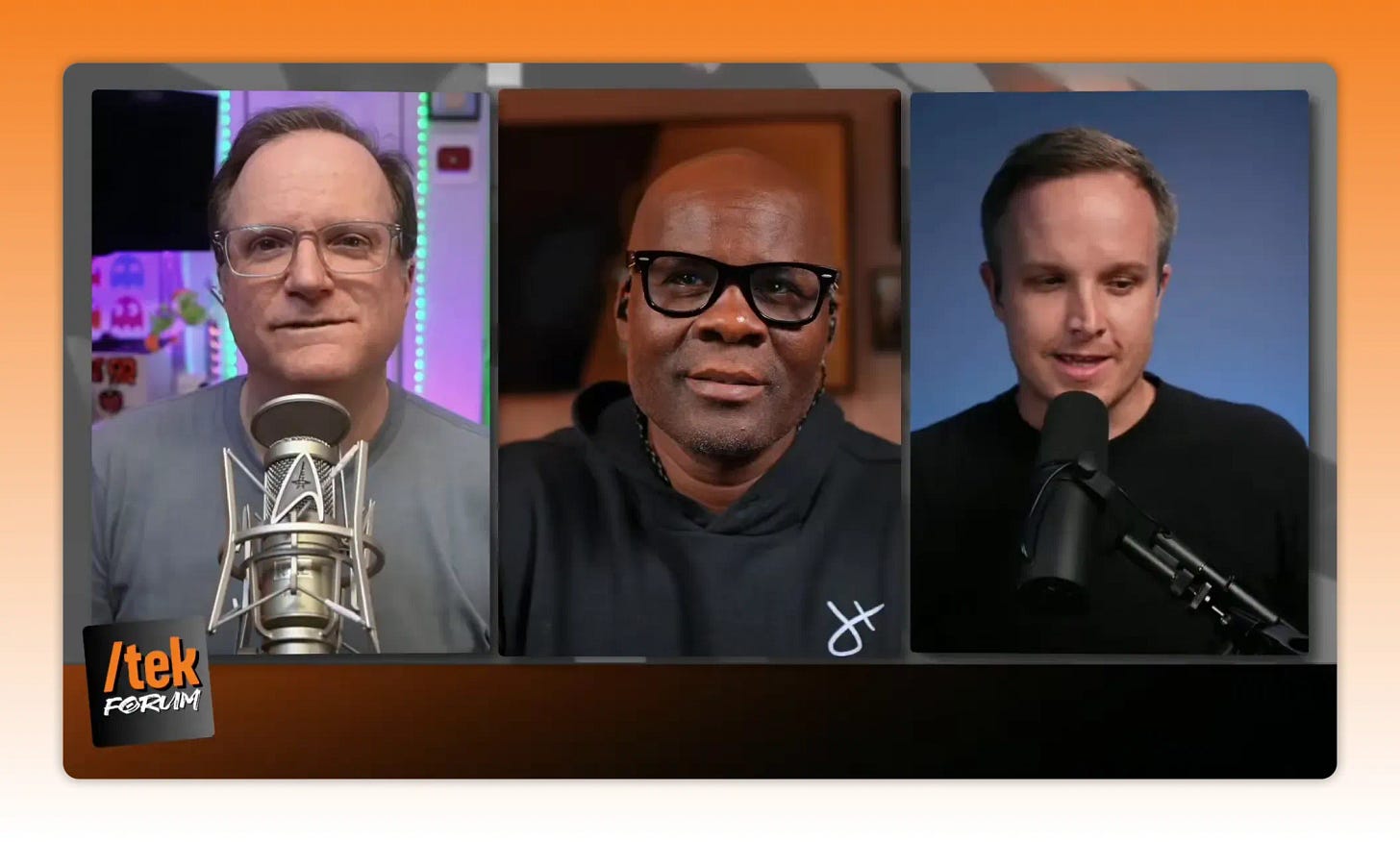 High-quality three-panel livestream showing two hosts and a guest, all framed with microphones High-quality three-panel livestream showing two hosts and a guest, all framed with microphones