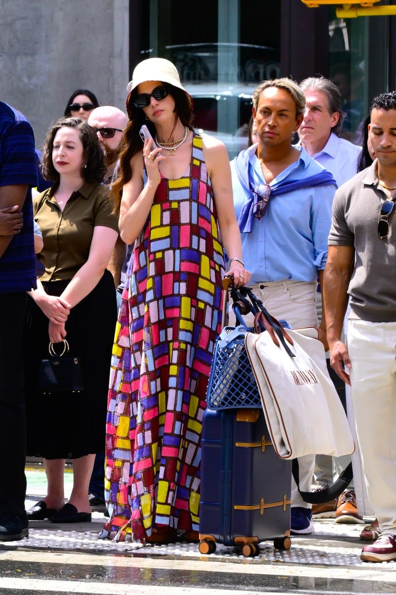 NEW YORK, NEW YORK - JULY 21: Anne Hathaway is seen on the set of "Devil Wears Prada 2" in downtown Manhattan on July 21, 2025 in New York City. (Photo by Raymond Hall/GC Images)