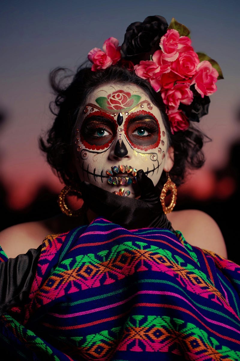 A woman in a costume on the day of the dead in Mexico.