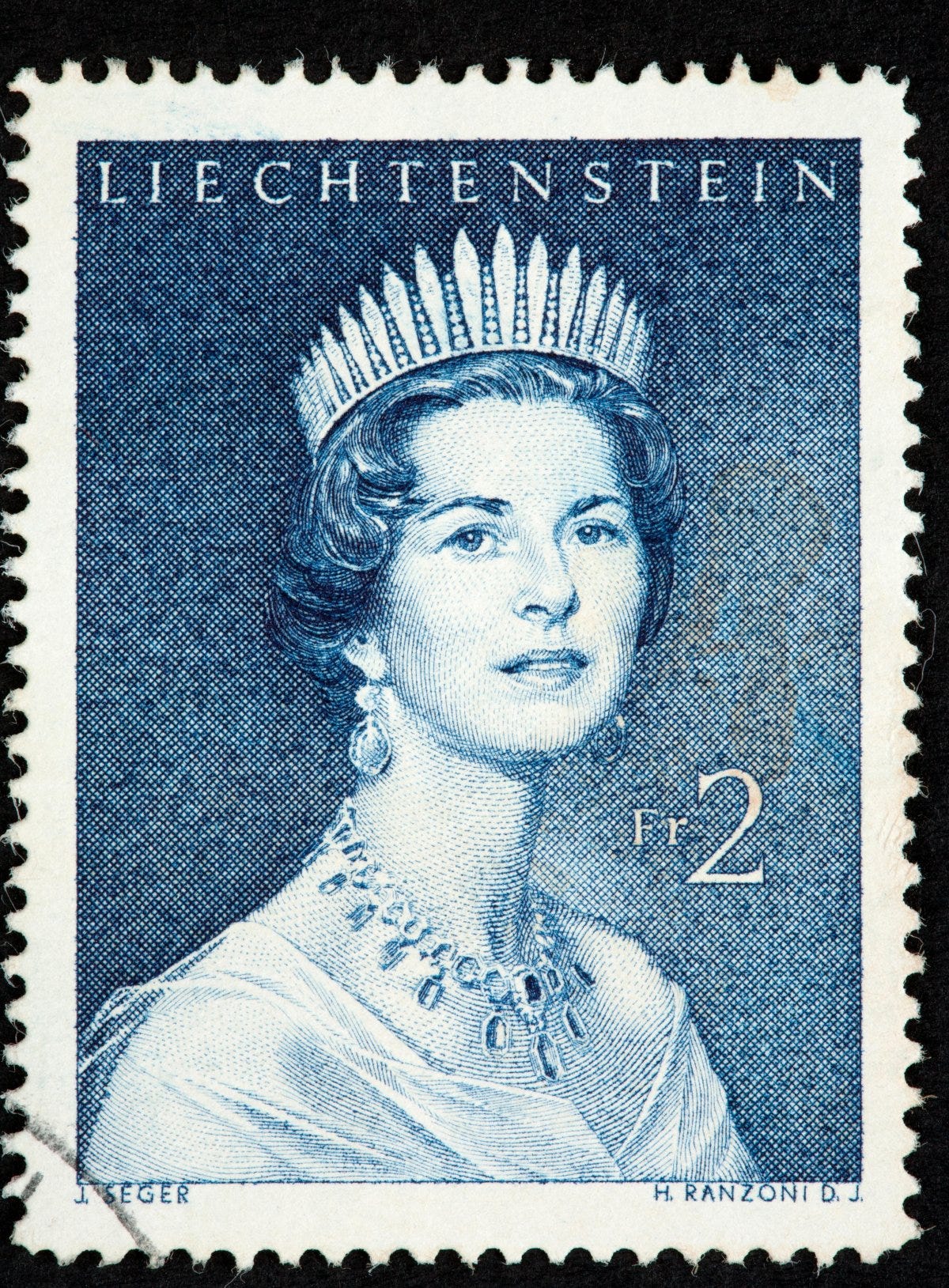 An illustrated portrait of Princess Gina of Liechtenstein on a postage stamp (Hipix/Alamy)