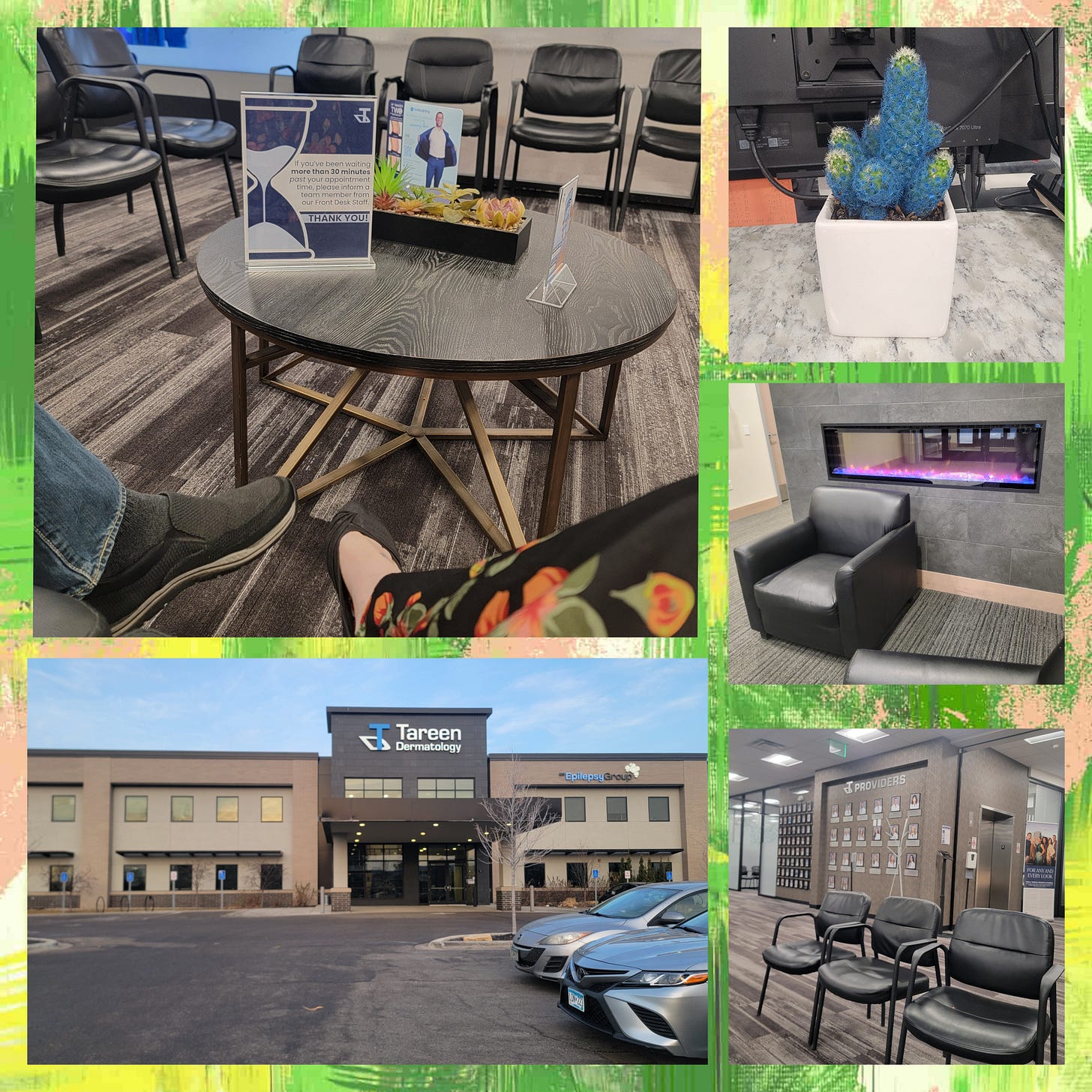 A five image collage of the waiting room and exterior of the dermatologist office.
