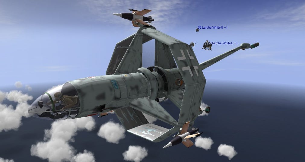 Videogame screenshot of the prototype Nazi VTOL fighter "Heinkel Lerche," which launched vertically like a helicopter before flying like a standard airplane. Videogame screenshot of the prototype Nazi VTOL fighter "Heinkel Lerche," which launched vertically like a helicopter before flying like a standard airplane.