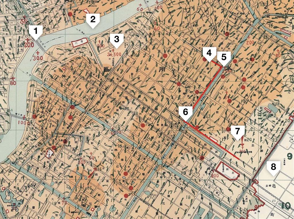 Map of fires in Honjo, Tokyo after the Great Kantō Earthquake of 1923 Map of fires in Honjo, Tokyo after the Great Kantō Earthquake of 1923