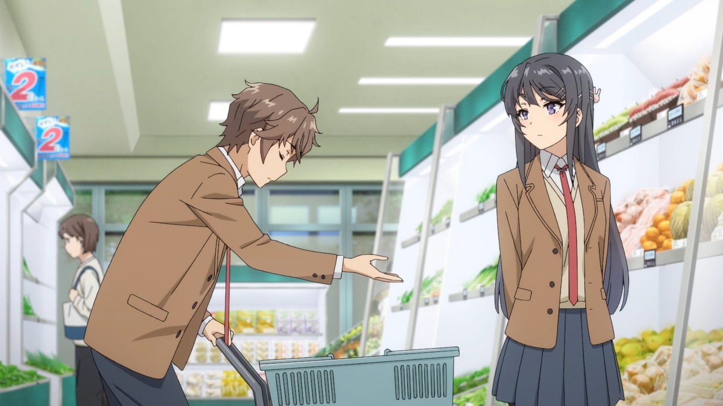 Anime screenshot in which a boy in a high school uniform offers to help a girl in a matching uniform with her shopping. (because she's invisible to everyone else, naturally) Anime screenshot in which a boy in a high school uniform offers to help a girl in a matching uniform with her shopping. (because she's invisible to everyone else, naturally)