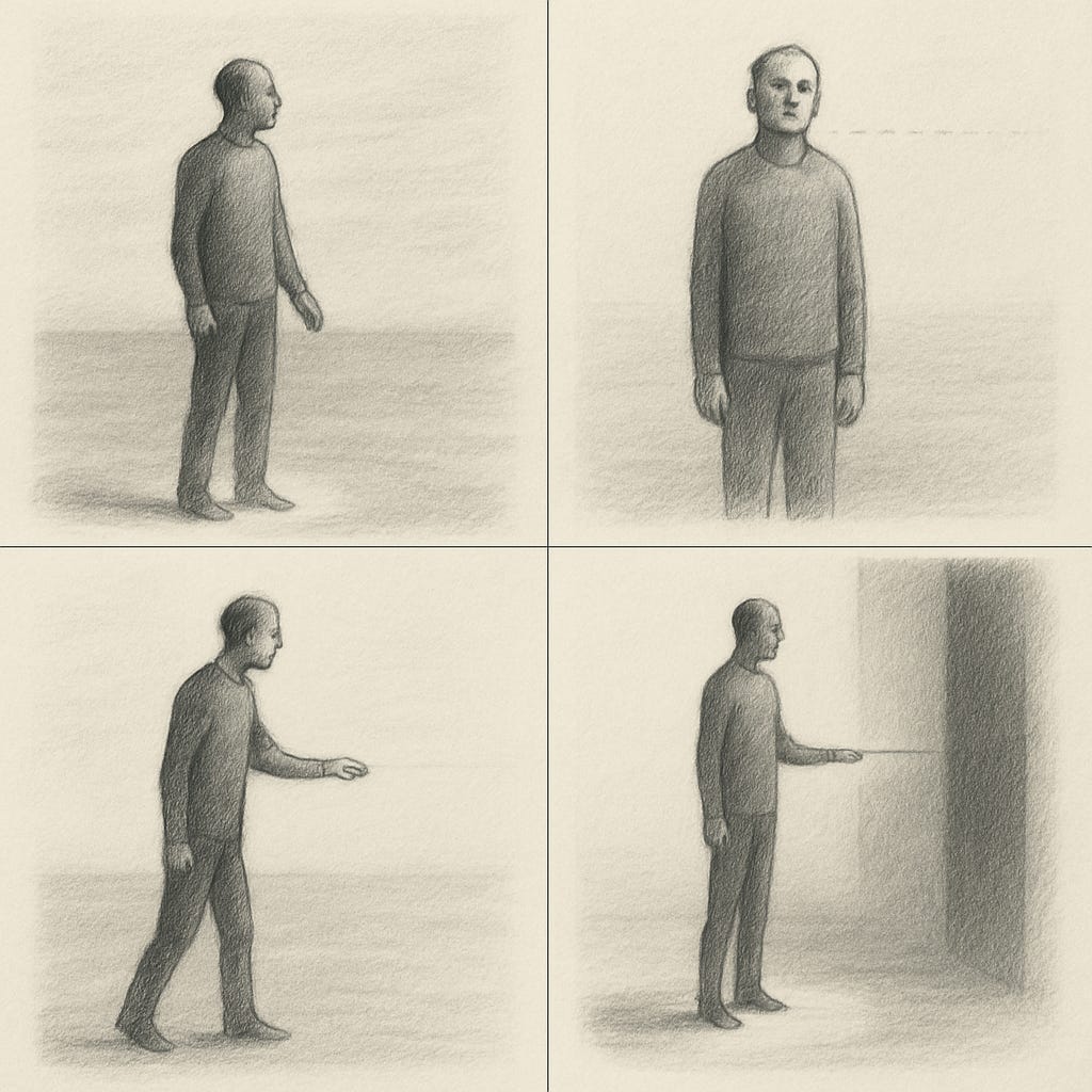 Four-panel sketch of a human figure. In sequence the figure stands, faces forward, reaches out with one hand, and finally extends the hand toward a dark rectangular field