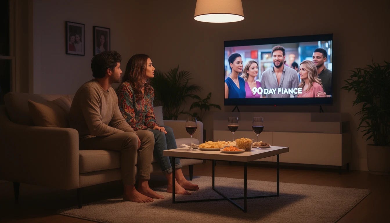 2 people, man and woman sitting on living room couch and watching 90 Day Fiance on large flatscreen tv 2 people, man and woman sitting on living room couch and watching 90 Day Fiance on large flatscreen tv